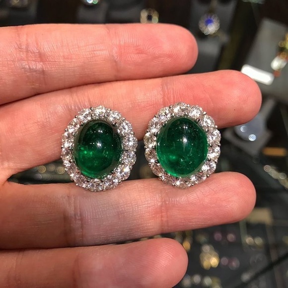 Nextnecklace Jewelry - Halo Cabochon Emerald Sapphire Stud Earrings 925 Sterling Silver